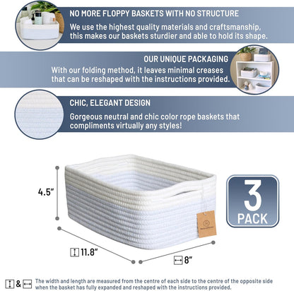 NaturalCozy 11.8"x8"x4.5” Rectangle Storage Baskets for Shelves 3 Pack | Cotton Rope Woven Small