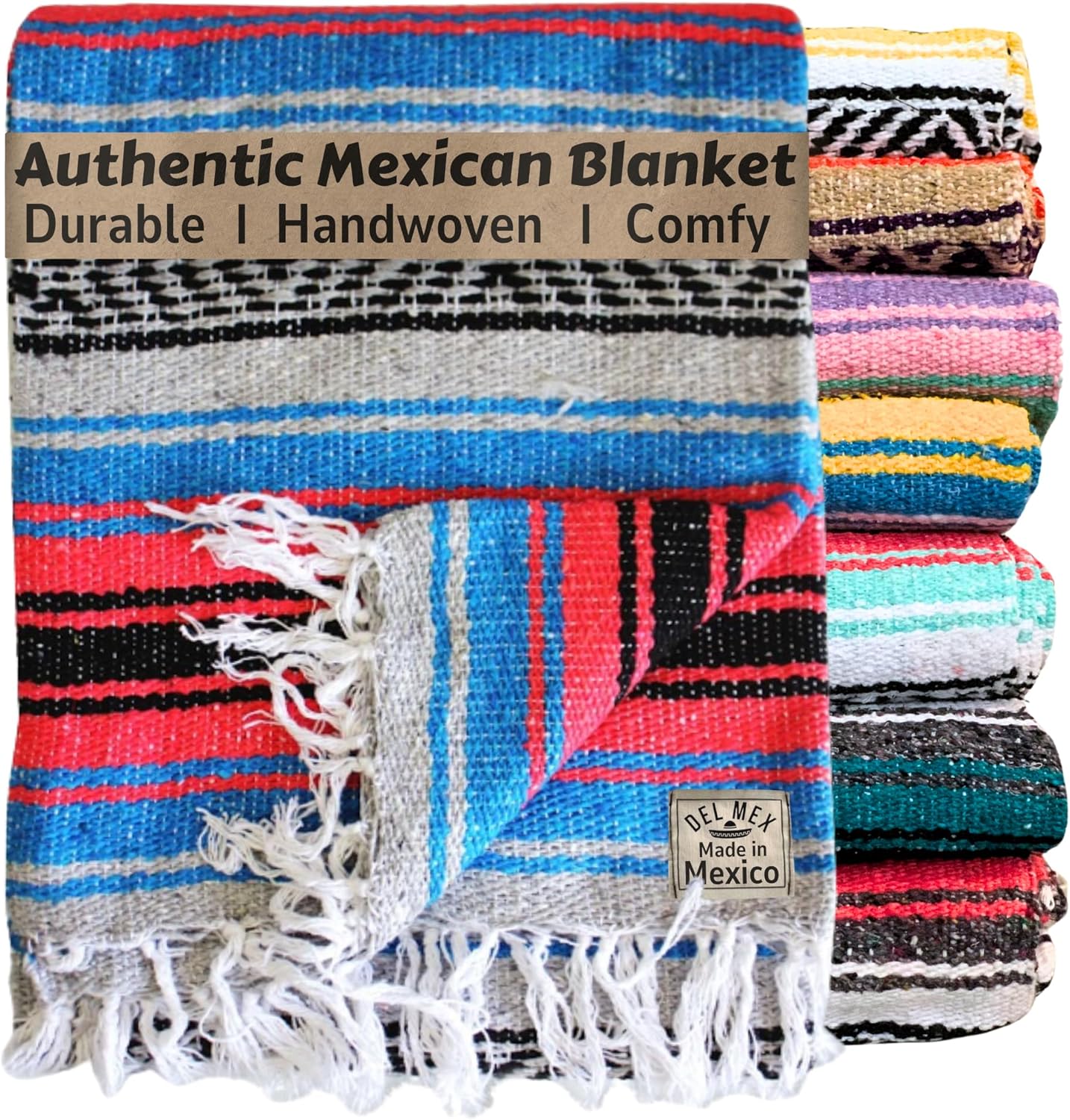 Del Mex Classic Mexican Blanket, Large Authentic Woven Falsa Throw (70"x50"), Artisan Southwest
