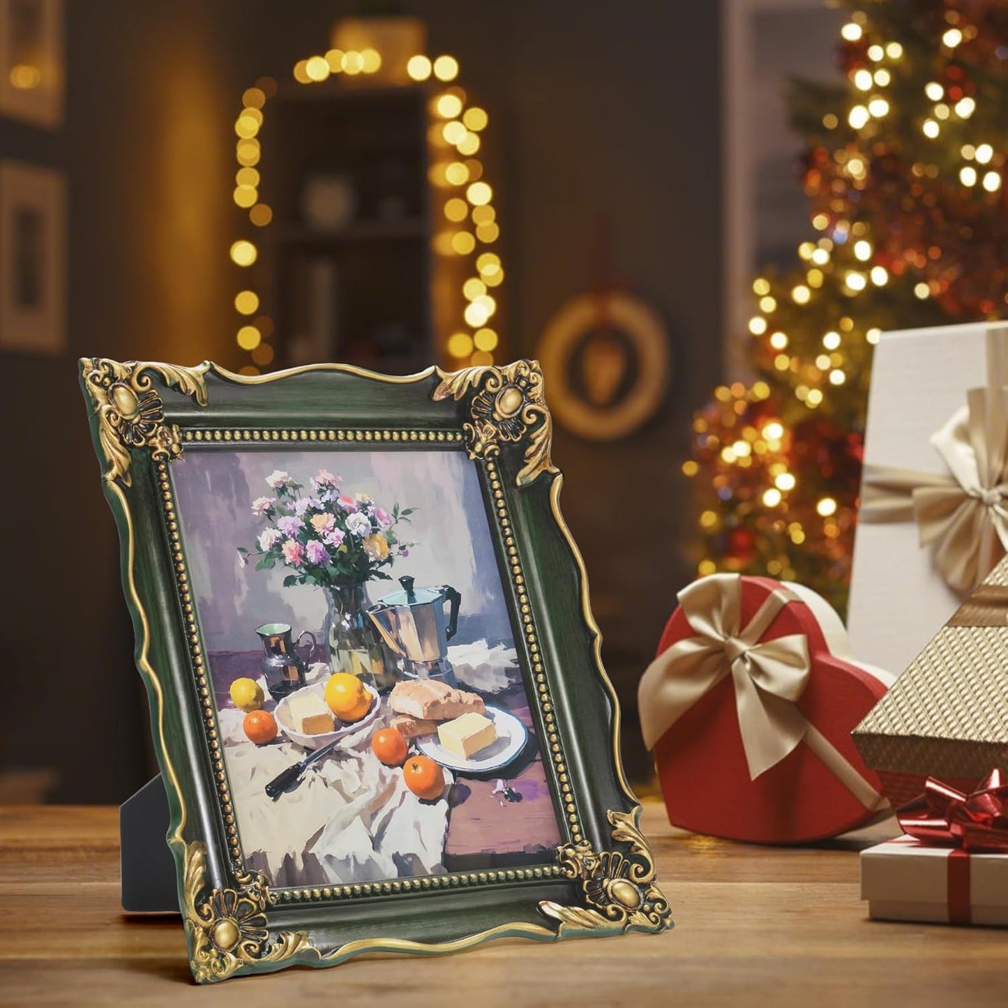 8x10 Vintage Picture Frame with Embossed Flower Design, Green Ornate Frame for 8x10 or 5x7 Pictures