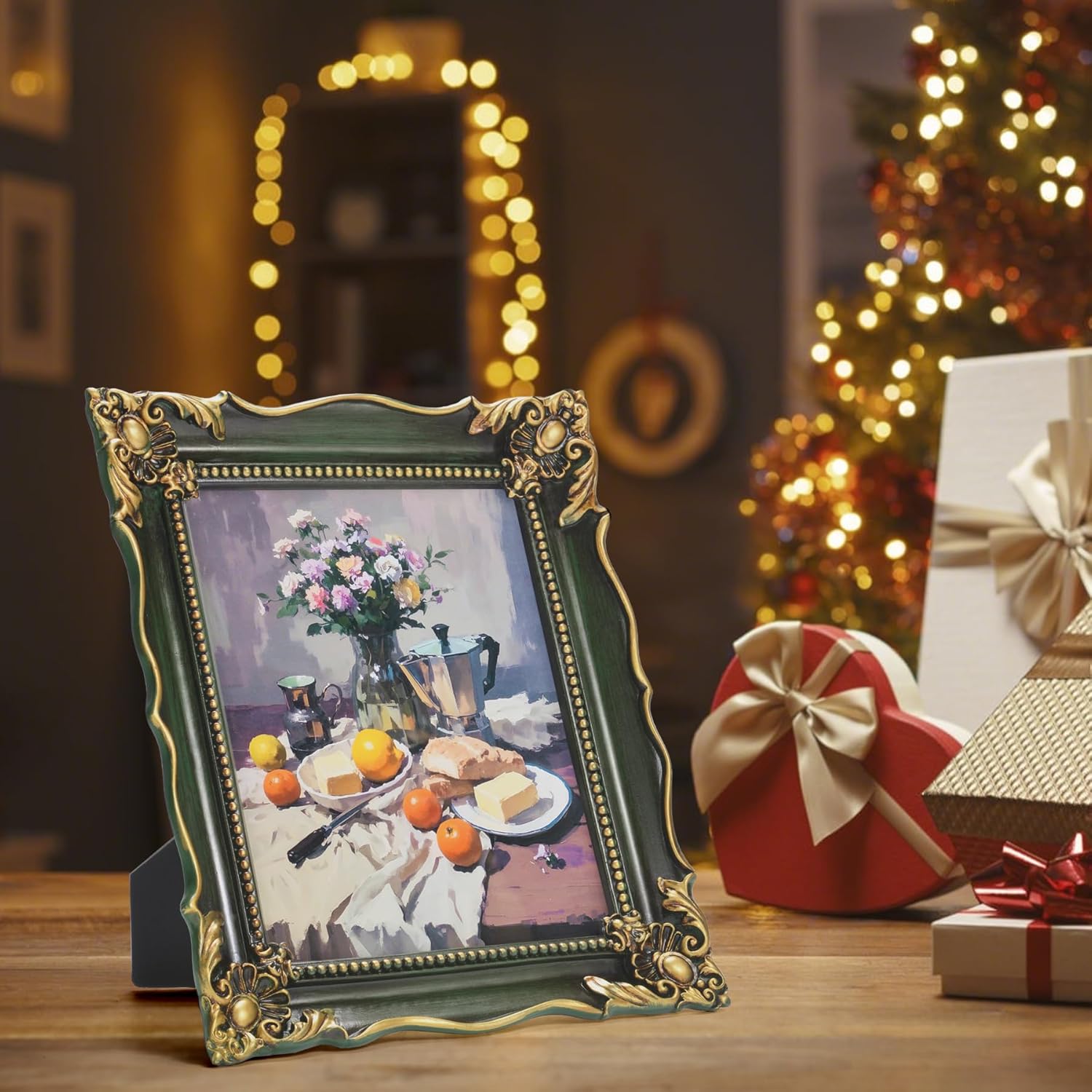 8x10 Vintage Picture Frame with Embossed Flower Design, Green Ornate Frame for 8x10 or 5x7 Pictures