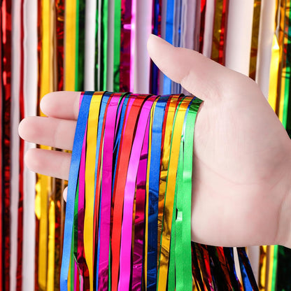 3 Pack 3.3x8.2 Feet Rainbow Foil Fringe Backdrop Curtains, Tinsel Streamers Birthday Party
