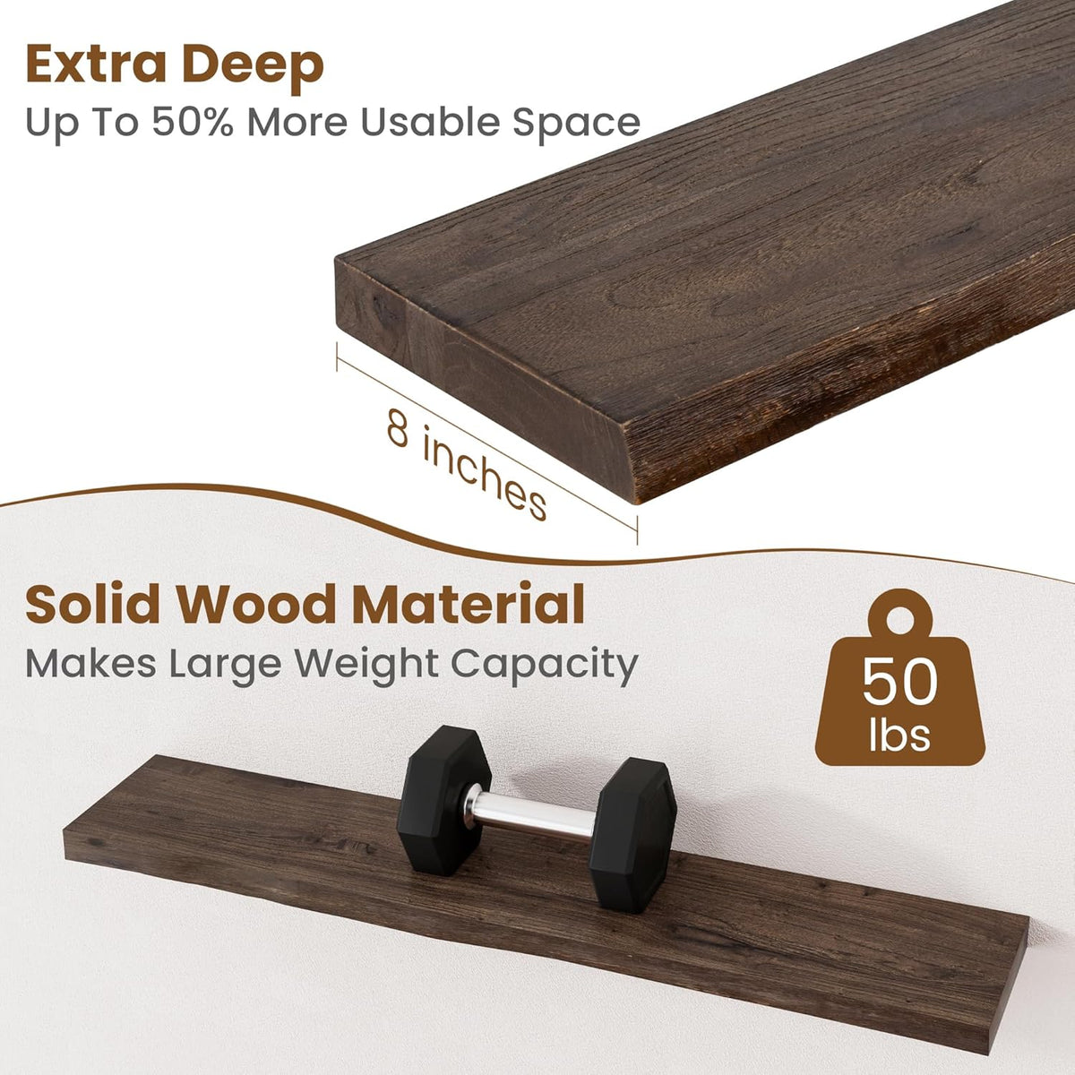 Floating Shelves for Wall Decor, Rustic Solid Elm Wood Live Edge Floating Shelves Wall Mounted