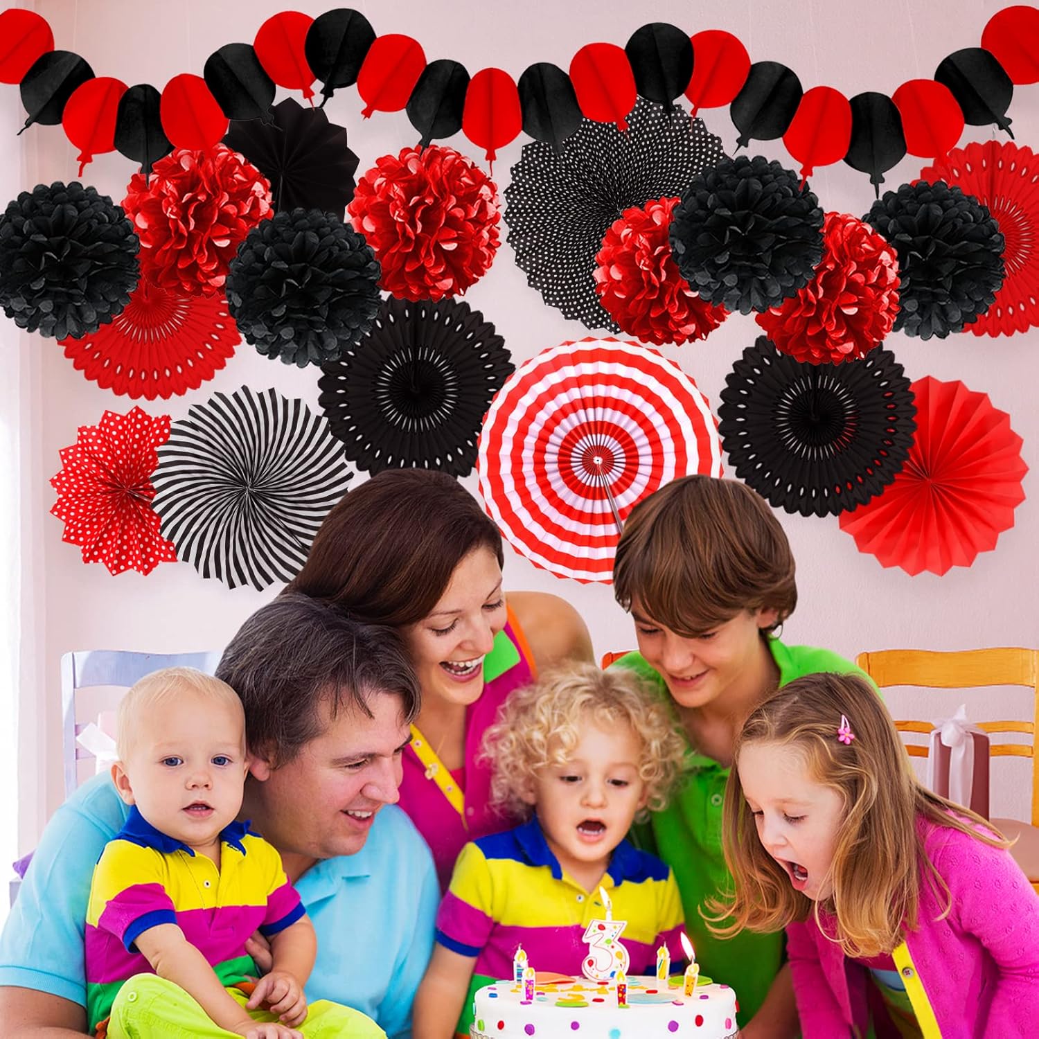 Red and Black Party Decorations, Papar Fans Pompoms Fans Garlands for Birthday Wedding Graduation
