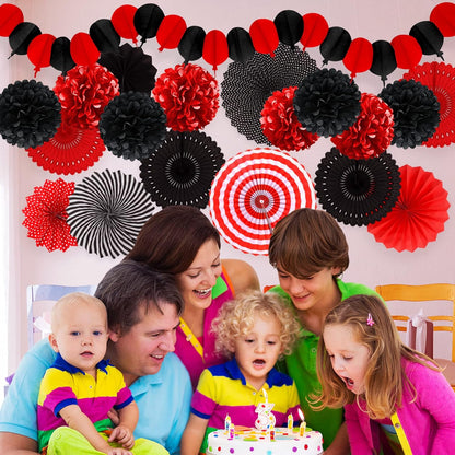 Red and Black Party Decorations, Papar Fans Pompoms Fans Garlands for Birthday Wedding Graduation