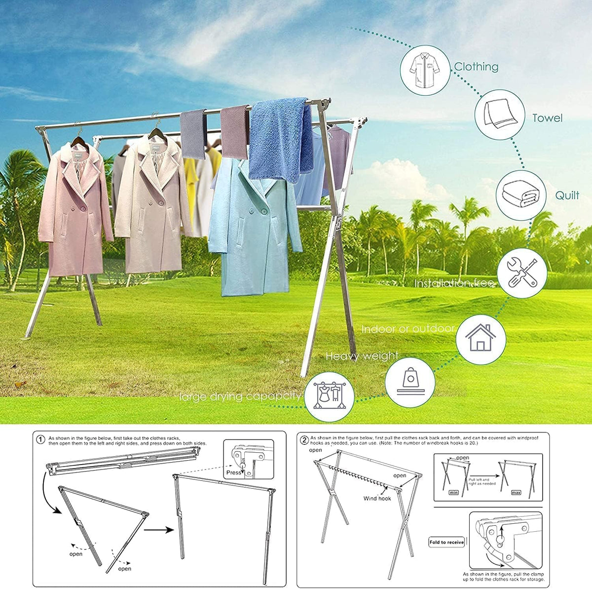 Clothes Drying Racks Outdoor, 82 Inches Updated Version,Stainless Steel Laundry Drying Rack for