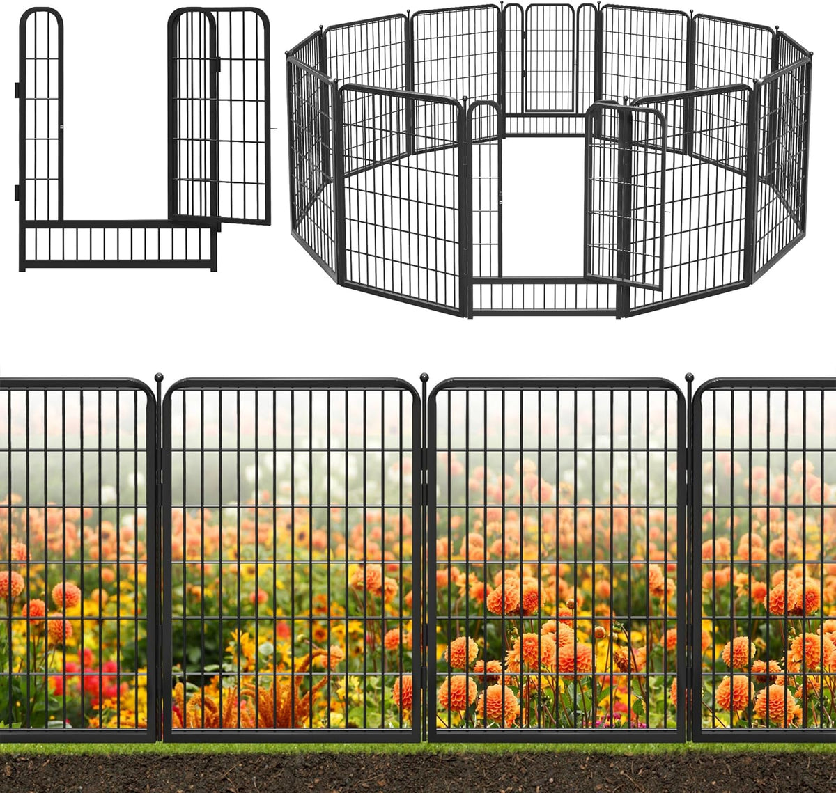 Black Metal Fencing Decorative Garden Fence with Gate 27ft(L) x 40in(H) Fence Panels No Dig Fence