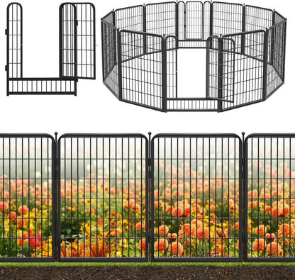 Black Metal Fencing Decorative Garden Fence with Gate 27ft(L) x 40in(H) Fence Panels No Dig Fence