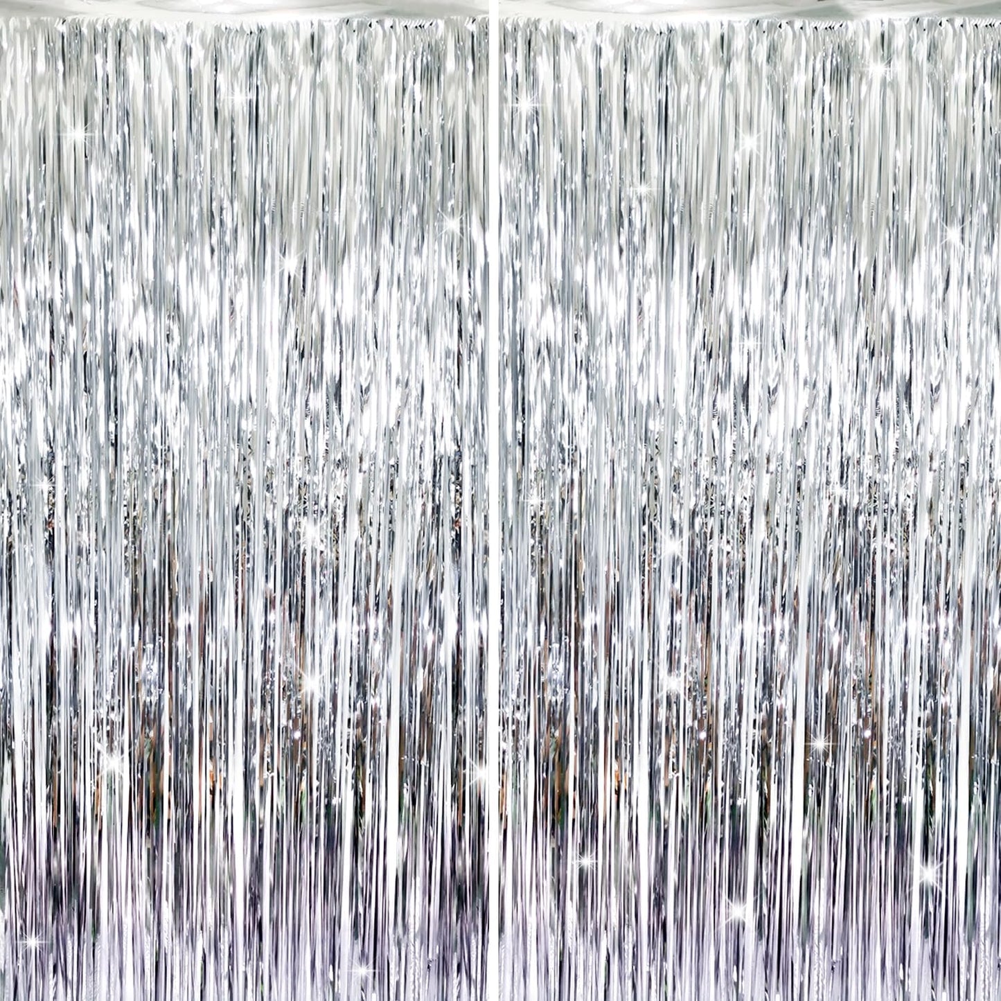 GOER 6.4 ft x 8.2 ft Metallic Tinsel Foil Fringe Curtains,Pack of 2 Party Streamer Backdrop for