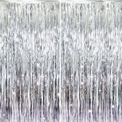 GOER 6.4 ft x 8.2 ft Metallic Tinsel Foil Fringe Curtains,Pack of 2 Party Streamer Backdrop for