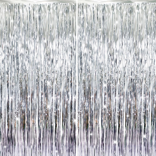 GOER 6.4 ft x 8.2 ft Metallic Tinsel Foil Fringe Curtains,Pack of 2 Party Streamer Backdrop for