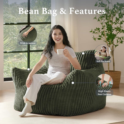 Giant Plush Bean Bag Chair for Adults with Armrests - Oversized Comfy Green Beanbag Lounge Lazy