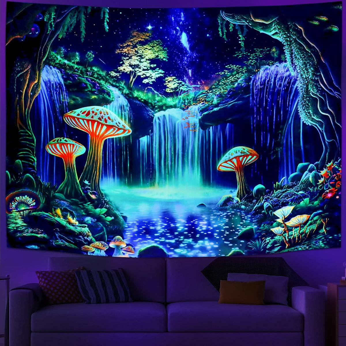 Ameyahud Blacklight Fantasy Forest Tapestry UV Reactive Waterfall Tapestries Starry Sky Tapestry