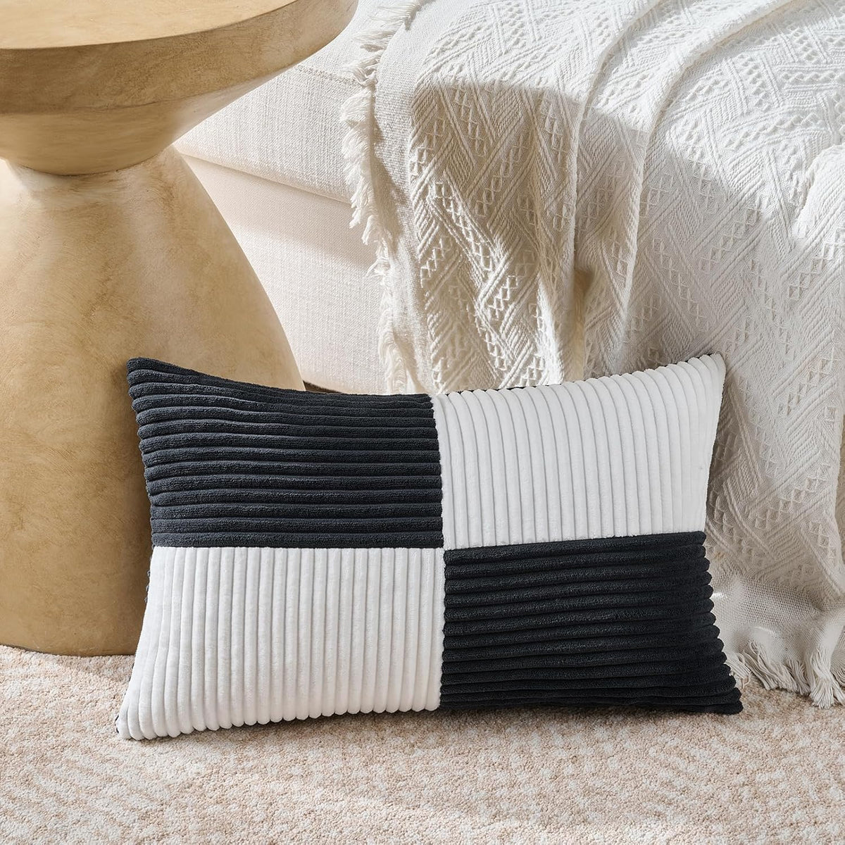 Fancy Homi Set of 2 Black White Lumbar Decorative Throw Pillow Covers 12x20 Inch for Living Room