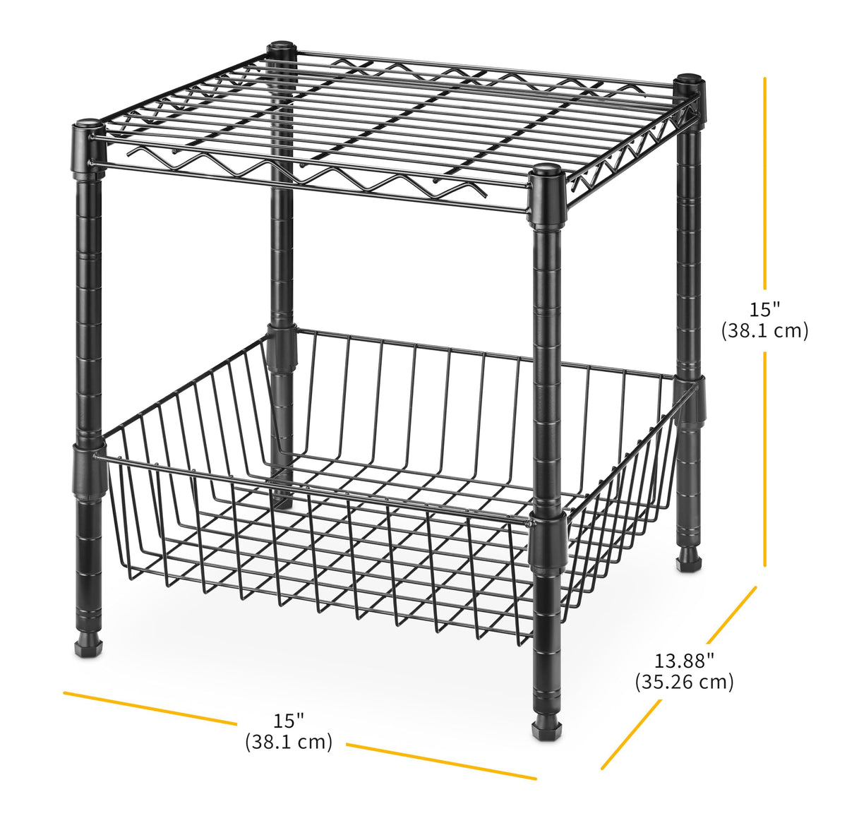 Whitmor 2 Tier Metal Storage Shelves, Heavy Duty Shelf with Basket, 350 lbs Capacity per Shelf, 700