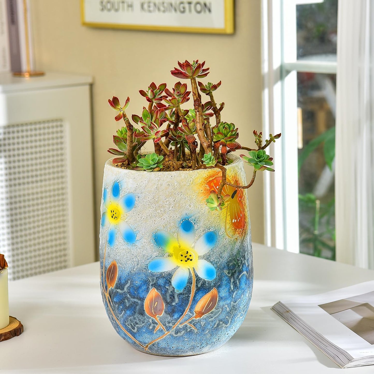 Sungmor 10.6 Inch Ceramic Succulent Plant Pot with Drainage Hole, Hand Painted Flower Pots for