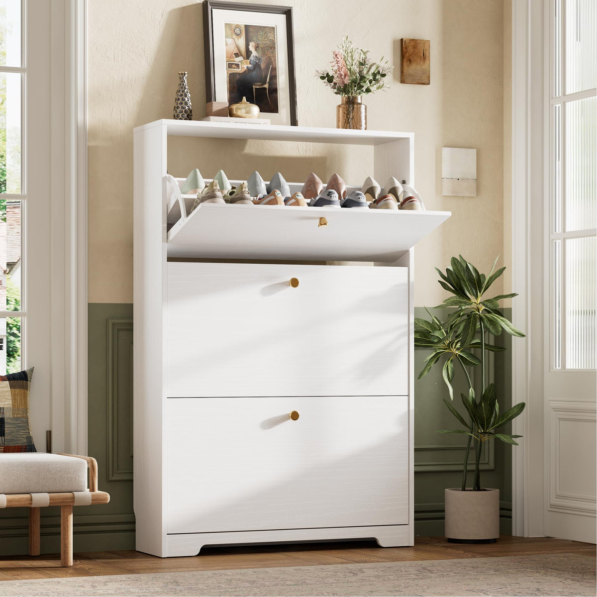 Nicetree Shoe Cabinet with 3 Flip Drawers, Narrow Shoe Organizer Cabinet, Freestanding Shoe Rack