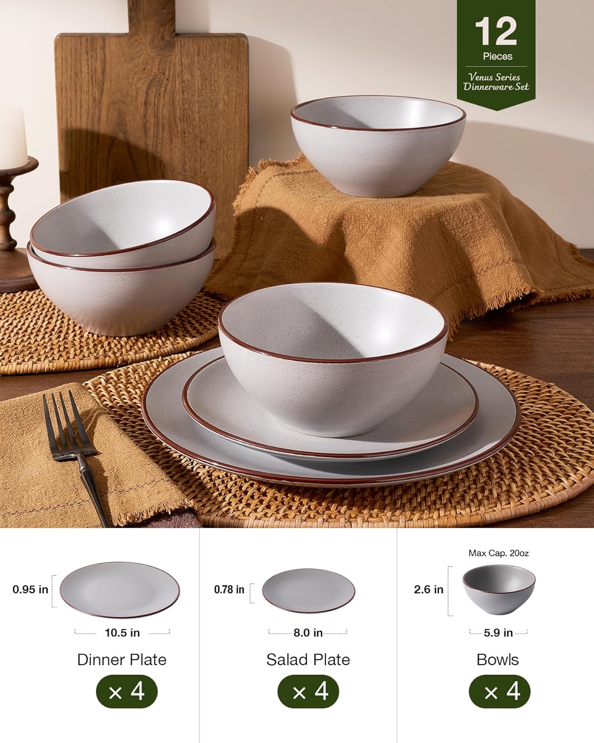 Famiware Venus Plates and Bowls Sets, 12 Pieces Stoneware Speckled Dinnerware Sets, Dishes Set for