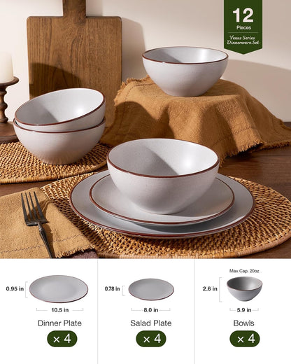 Famiware Venus Plates and Bowls Sets, 12 Pieces Stoneware Speckled Dinnerware Sets, Dishes Set for