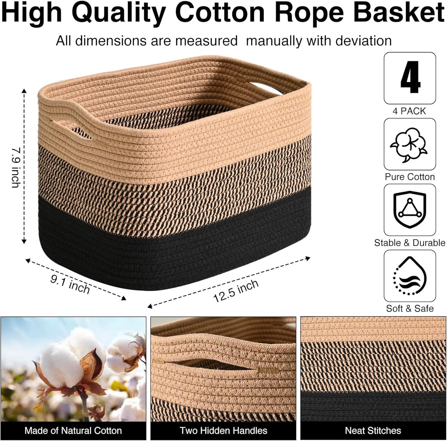 Storage Baskets for Shelves Organizing, Woven Cotton Rope Baskets for Storage, Book Basket, Towel