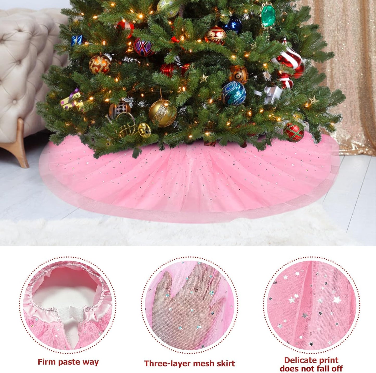 Christmas Wedding Tree Skirt,45 inch 4-Layer Fluffy Romantic Pleated Sparkly Skirt Decoration Xmas