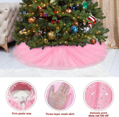 Christmas Wedding Tree Skirt,45 inch 4-Layer Fluffy Romantic Pleated Sparkly Skirt Decoration Xmas