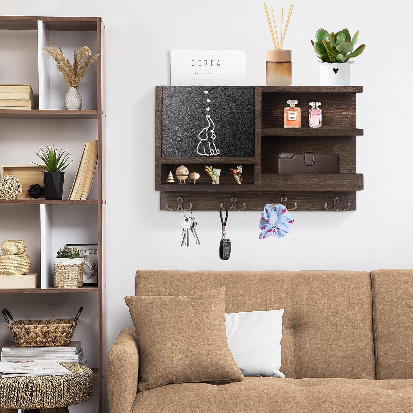 Key Holder for Wall, Mail Organizer Wall Mount with Key Hooks and Chalkboard & Mirror for