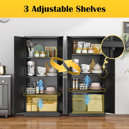 Kitchen Cabinet Storage,60”Metal Pantry Cabinet with Doors and 3 Adjustable Shelves,Food Pantry