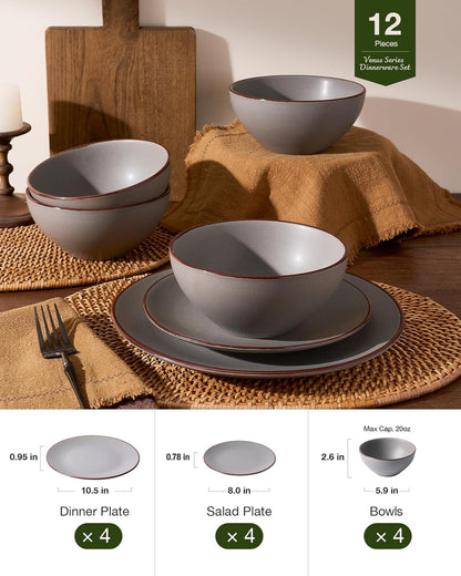 Famiware Venus Plates and Bowls Sets, 12 Pieces Stoneware Speckled Dinnerware Sets, Dishes Set for