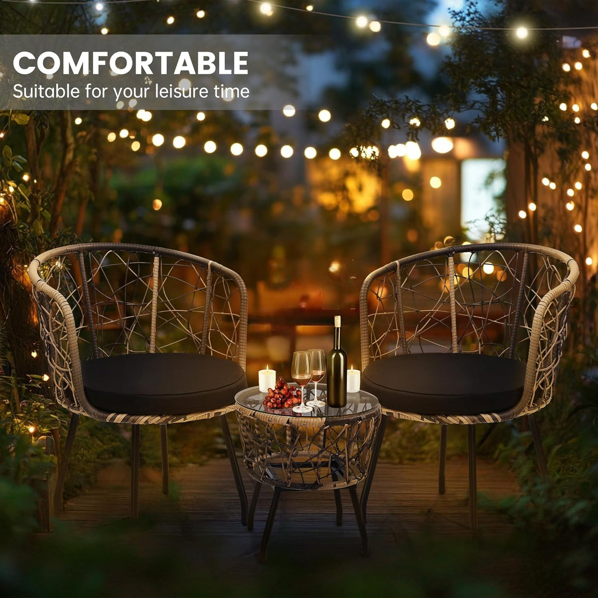 Kromax 3 Piece Bistro Set, Modern Outdoor Wicker Patio Furniture with Tempered Glass Table Top and