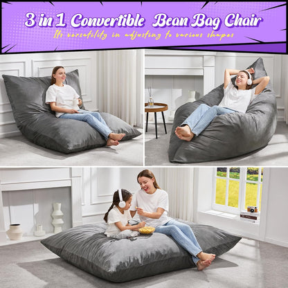 Hobestluk 3 in 1 Bean Bag Chair Giant Bean Bag Chairs for Adults with Velvet Cover Convertible Bean