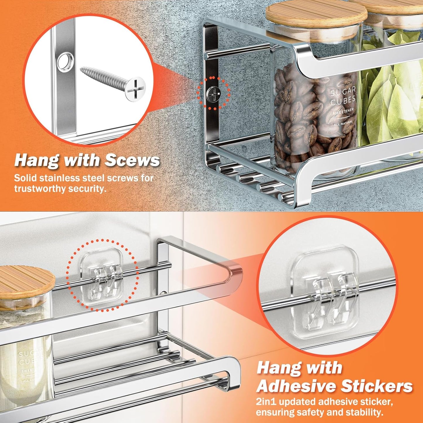 Spice Rack wall mounted 4 Pack, Space-Saving Spice Organizer for Spice Jars and Seasonings,Screw or
