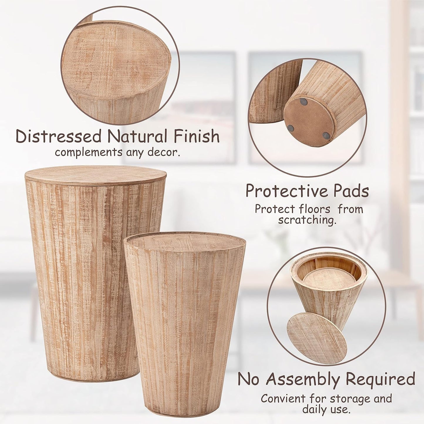 Farmhouse Nesting Barrel Side Table, Rustic Space Saving Storage End Table Set Fully Assembled