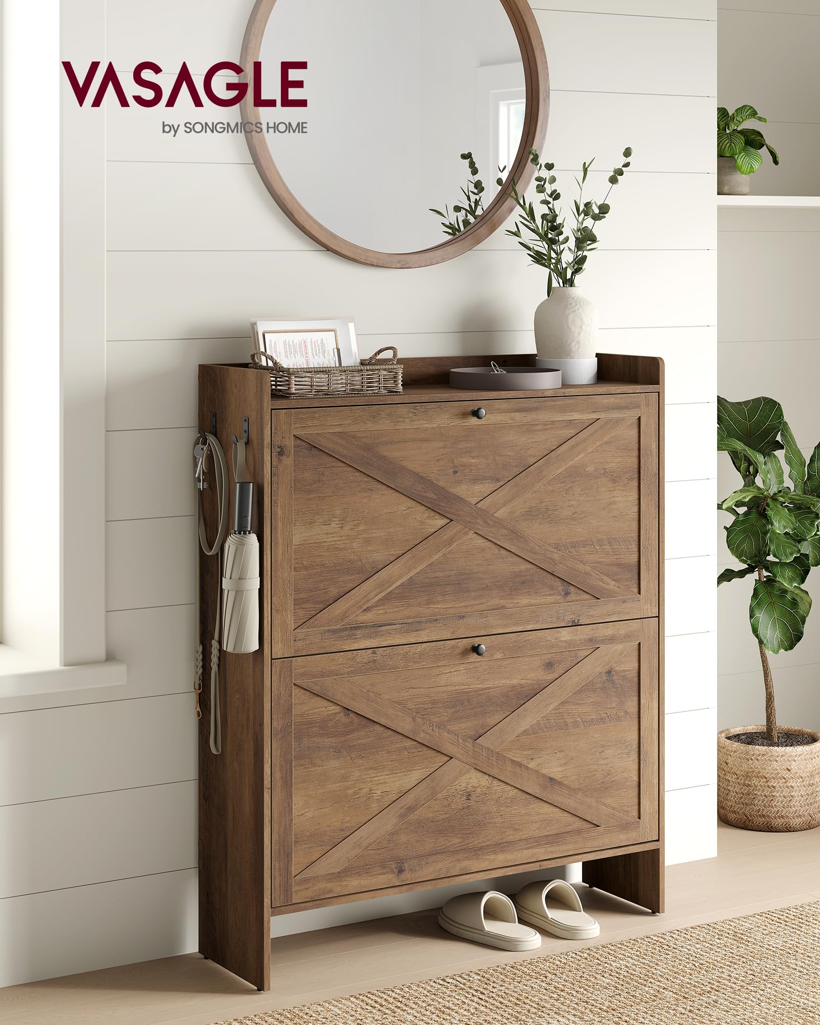 VASAGLE Shoe Storage Cabinet Organizer with 2 Flip Drawers, Freestanding Narrow Shoe Rack Cabinet