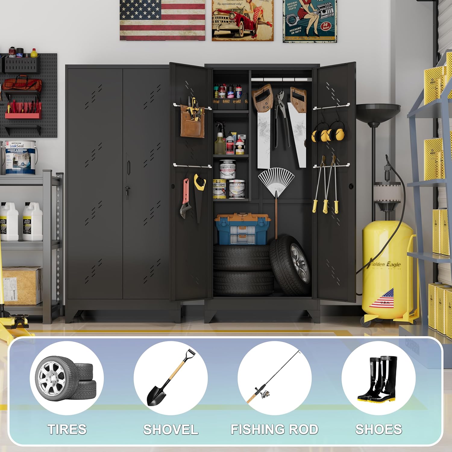 Metal Garage Storage Cabinet, 75” Cleaning Tool Cabinet with Hooks and Hanging Rods, Heavy Duty