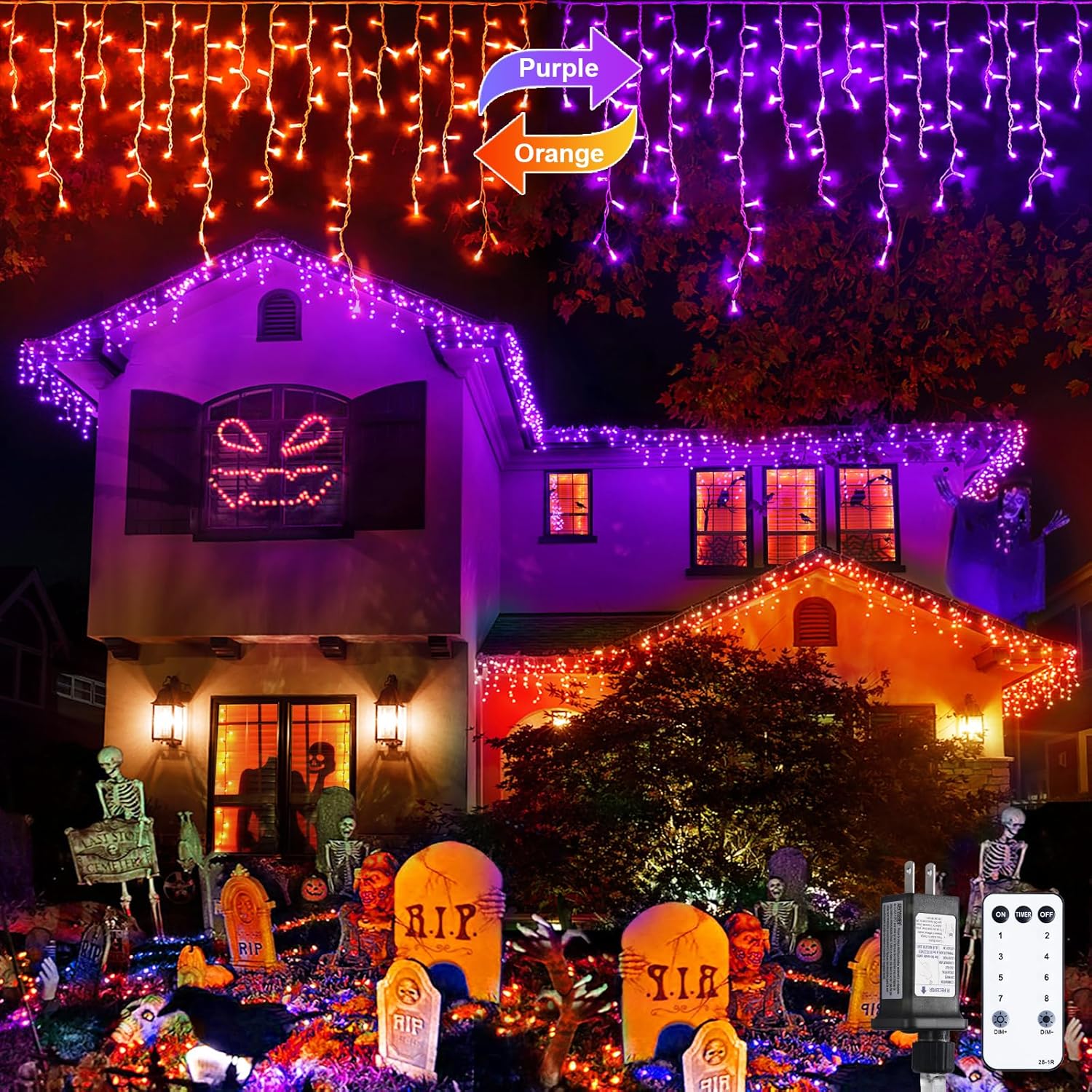 JMEXSUSS 400 LED Color Changing Halloween Lights Outdoor, 38.8ft Orange to Purple Halloween Icicle