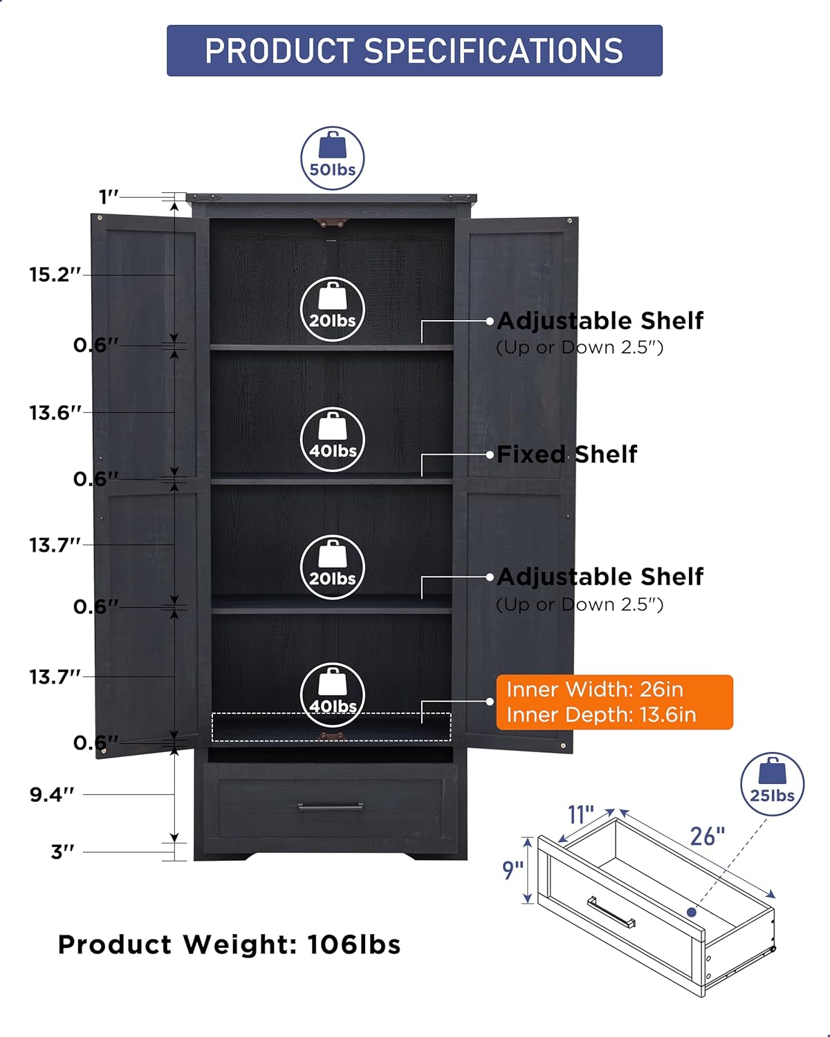 Farmhouse Kitchen Pantry Cabinet - 72" Tall Large Wood Kitchen Storage Cabinets with Adjustable