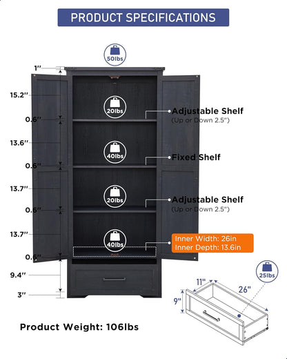 Farmhouse Kitchen Pantry Cabinet - 72" Tall Large Wood Kitchen Storage Cabinets with Adjustable