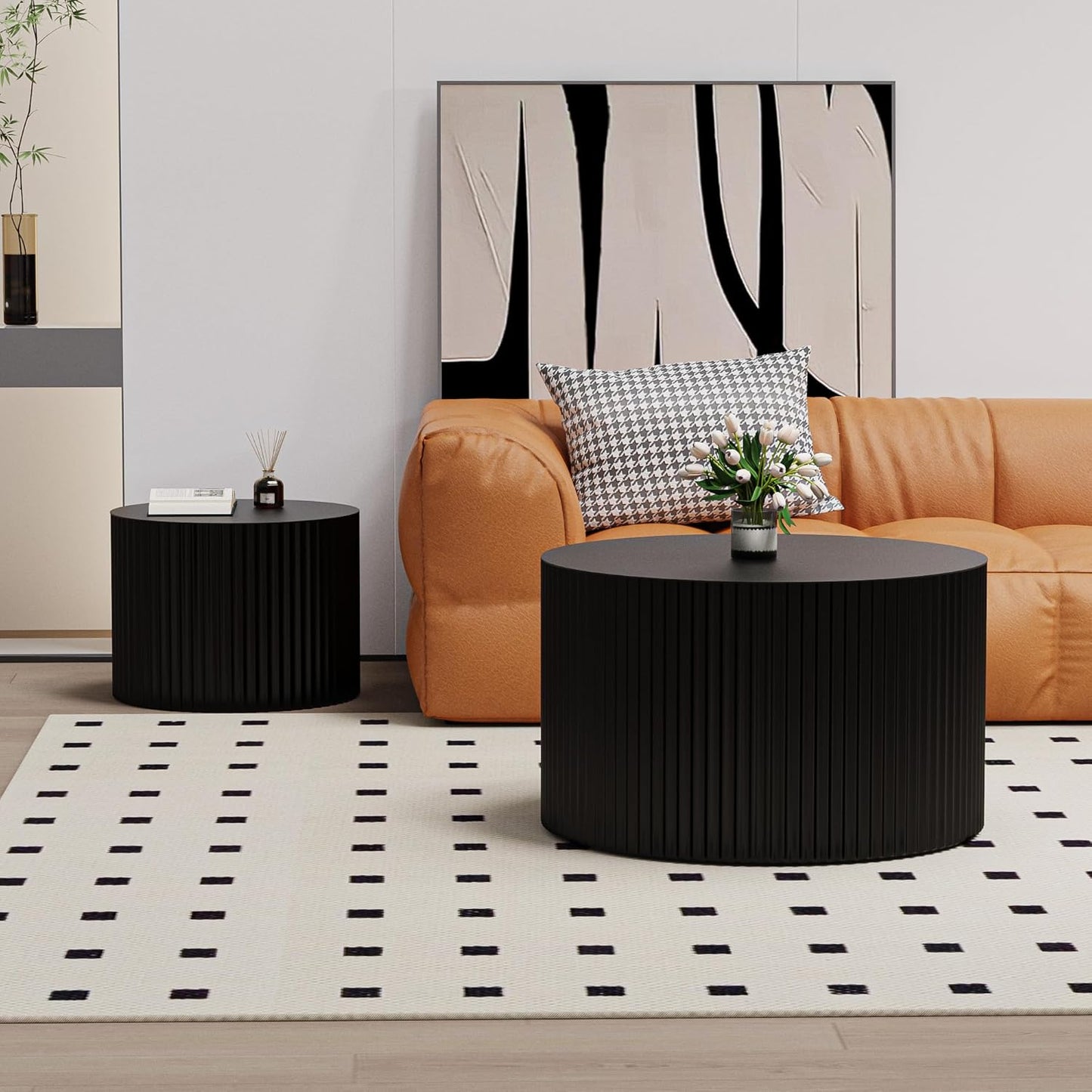 Round Nesting Coffee Table Black Round Fluted Coffee Table Set of 2 for Living Room Small Circle