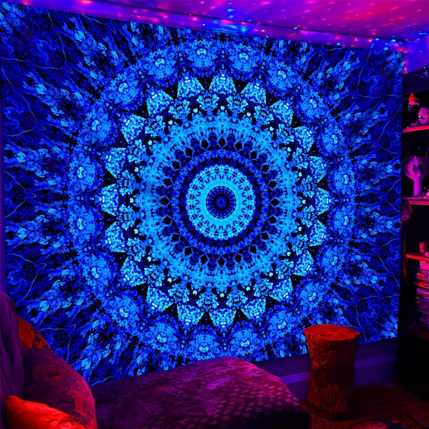 PSYHILAR Blacklight Mandala Tapestry for Bedroom, Black Light Posters for Adults and Teens, Neon UV