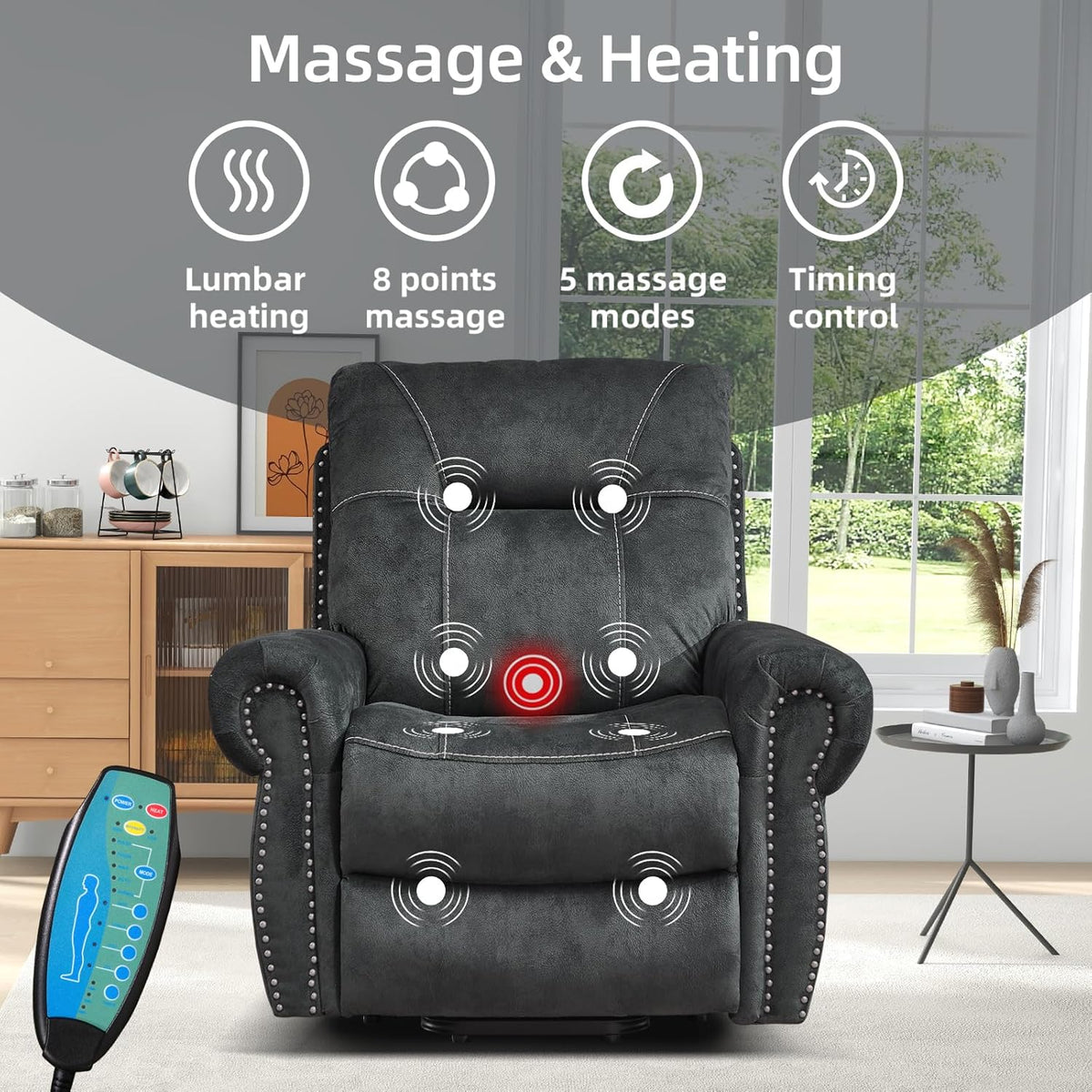 EBELLO Electric Power Recliner Chair with Massage and Heat, Soft Fabric Massage Recliner for
