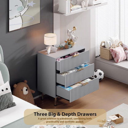 3 Drawer Dresser for Bedroom, Fluted Modern Nightstand with Deep Drawers, Chest of Drawers with