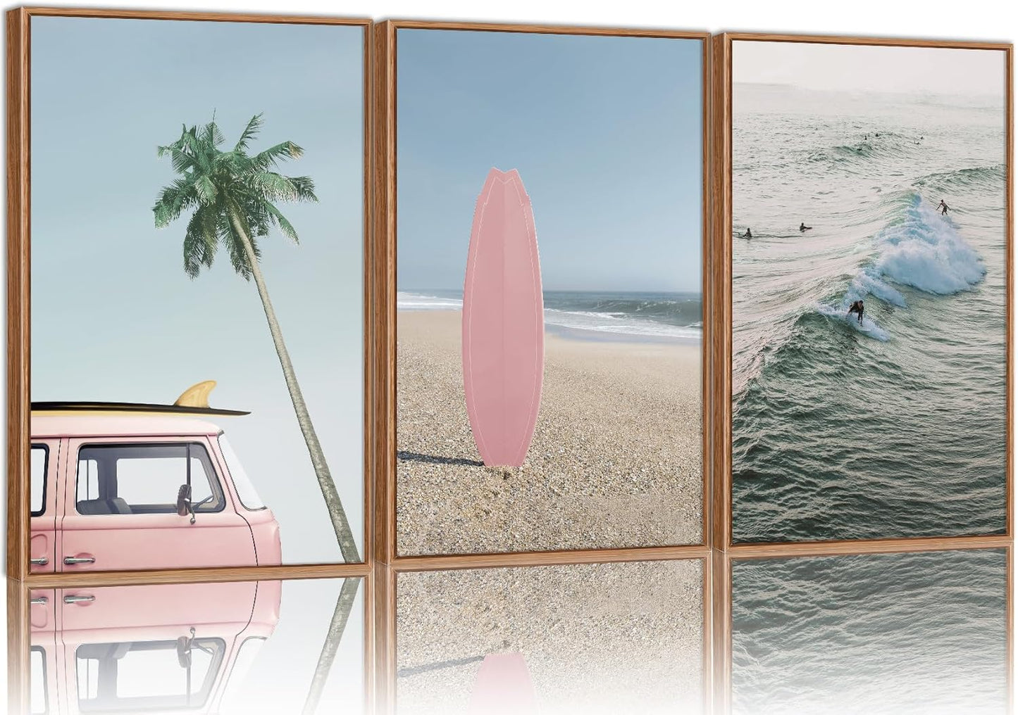 Tinonedraw Large Ocean Beach Framed Canvas Wall Art, Summer Coastal Surfboard Wall Decor, Palm Tree