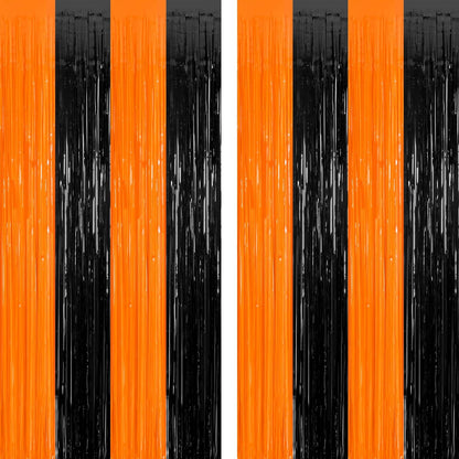 2 Pack Halloween Photo Backdrop, 3.28 FT x 7.05 FT Orange and Black Party Streamer, Metallic Foil