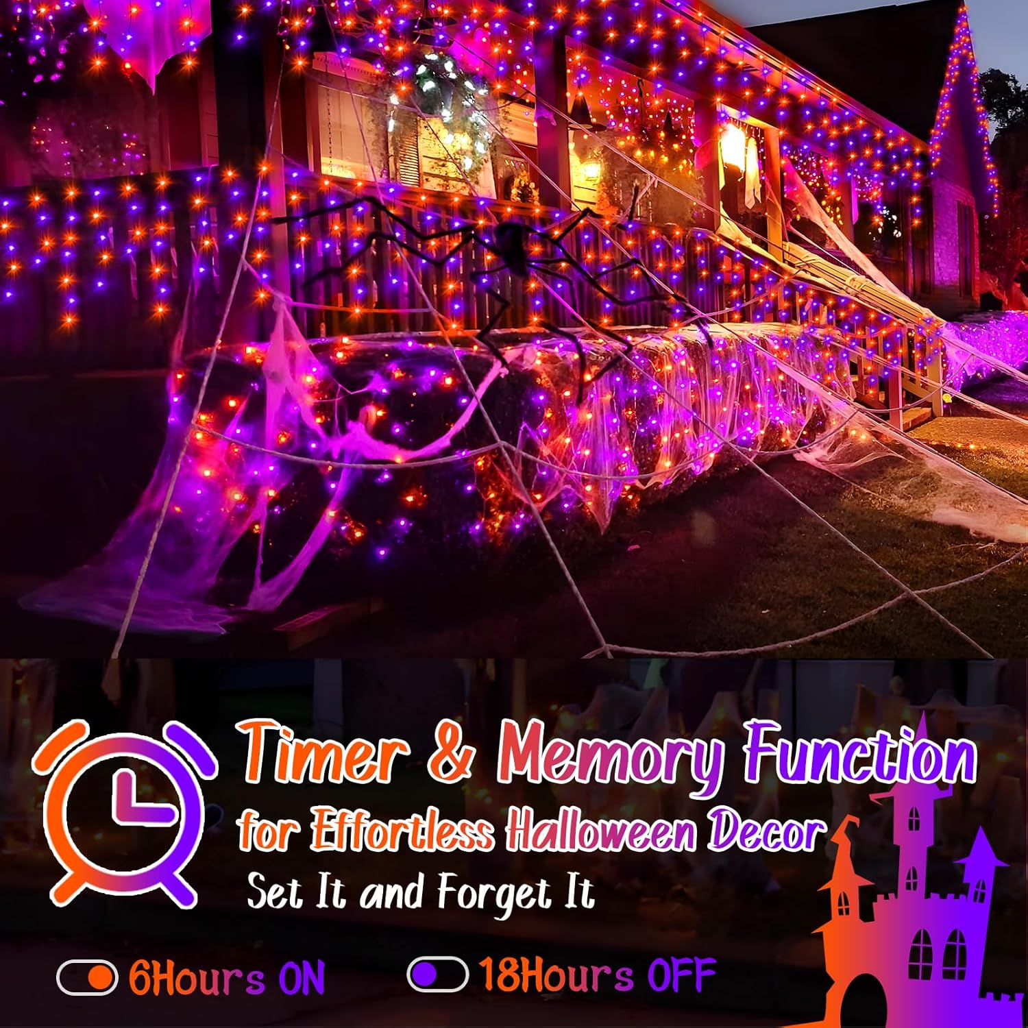 KNONEW 99FT 960 LED Orange Purple Halloween Lights Outdoor Black Wire String Lights with 180 Drops