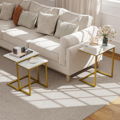 Giantex Nesting Coffee Table Set of 3, Stackable Square End Table w/Faux Marble Tabletop &