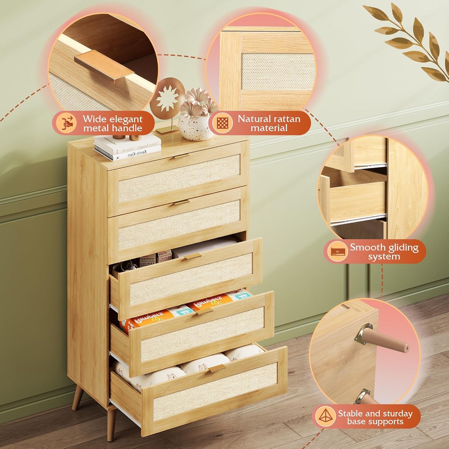 WLIVE Rattan Dresser for Bedroom, 5 Drawer Wood Boho Dresser Storage with Gold Metal Handle, Chest