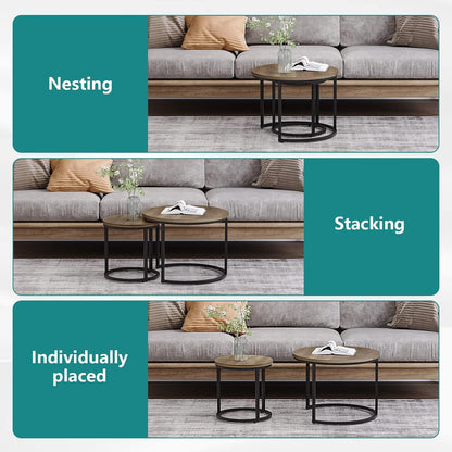 Smuxee Nesting Coffee Table Set of 2, 23.6" Round Coffee Table Wood Grain Top with Adjustable