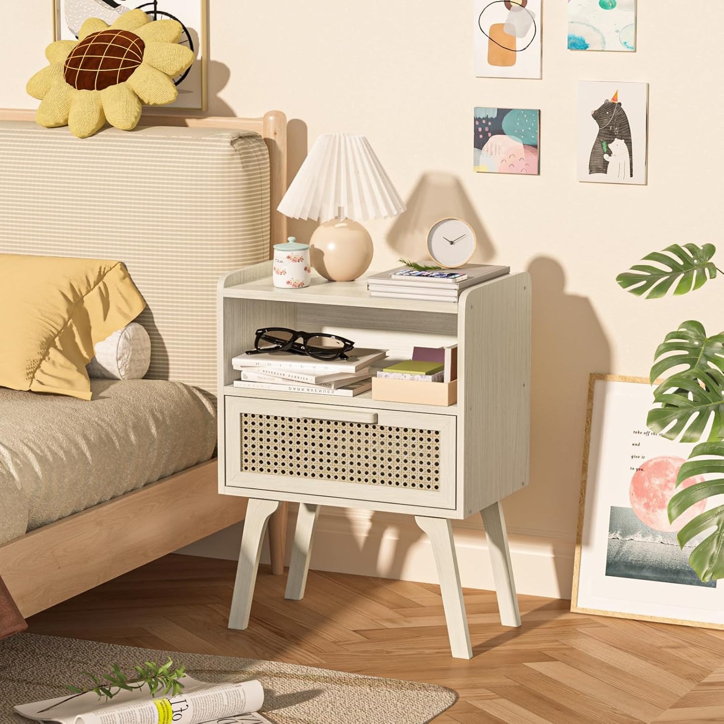 Lerliuo Rattan Nightstand, Side Table with Drawer Open Shelf, Cane Accent Bedside End Table with