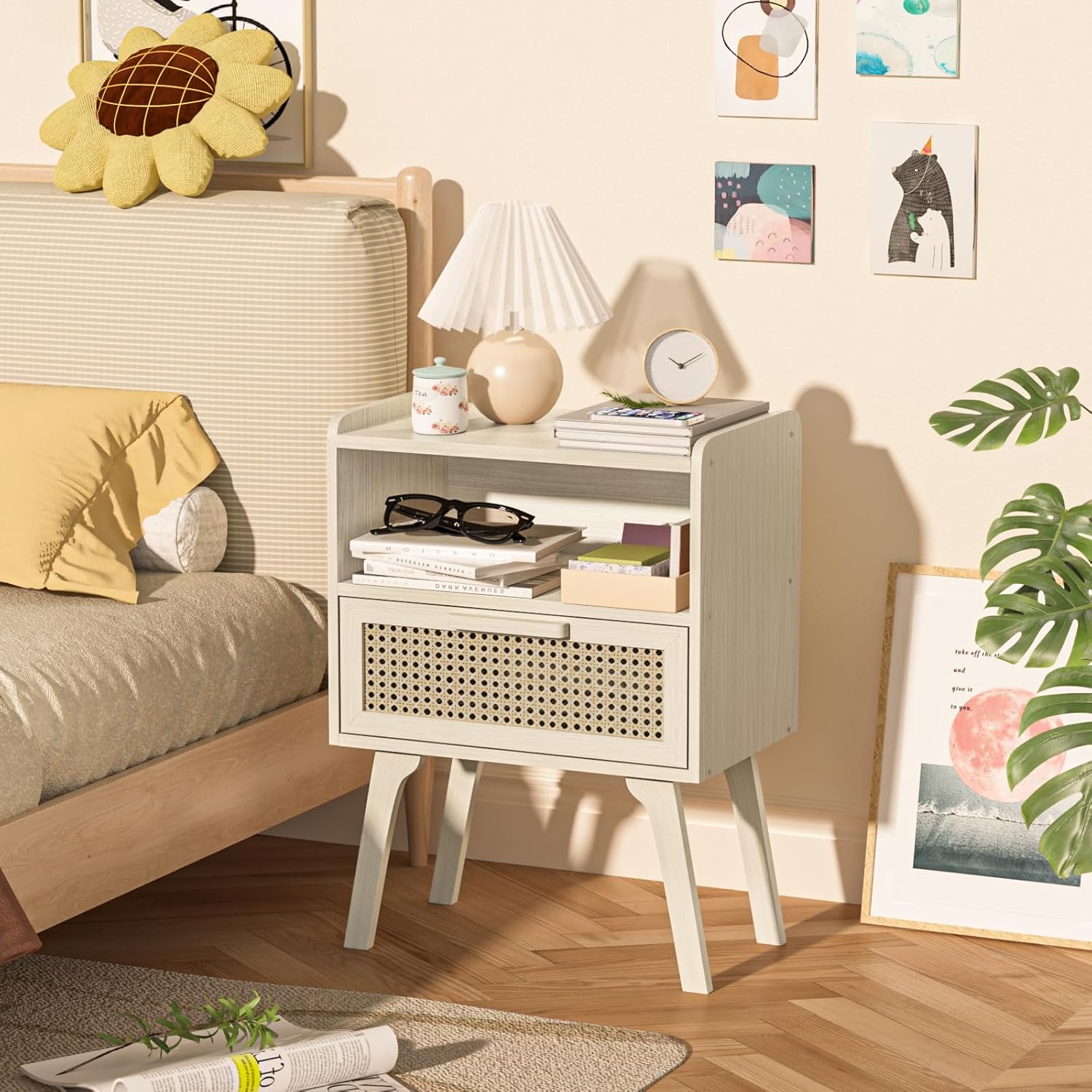 Lerliuo Rattan Nightstand, Side Table with Drawer Open Shelf, Cane Accent Bedside End Table with