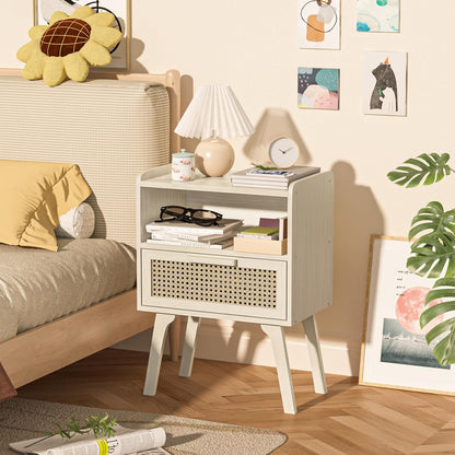 Lerliuo Rattan Nightstand, Side Table with Drawer Open Shelf, Cane Accent Bedside End Table with